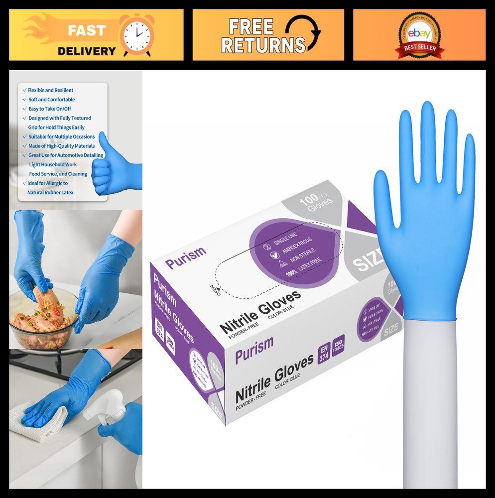 100 Pcs Disposable Nitrile Gloves – Blue, Latex-Free, Powder-Free, Small to XL
