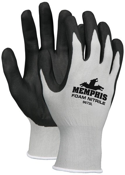 Memphis 9673 Gray Nylon Black Foam Nitrile Dipped Palm/Fingers Size XL(12 Pair)