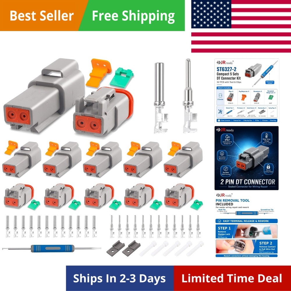 2 2 Pin DT Connector Kit 5 Sets, with Pin Removal Tool and Mounting Clips, S…