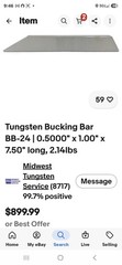 Tungsten Bucking Bar BB-24 | 0.5000″ x 1.00″ x 7.50″ long, 2.16 lbs
