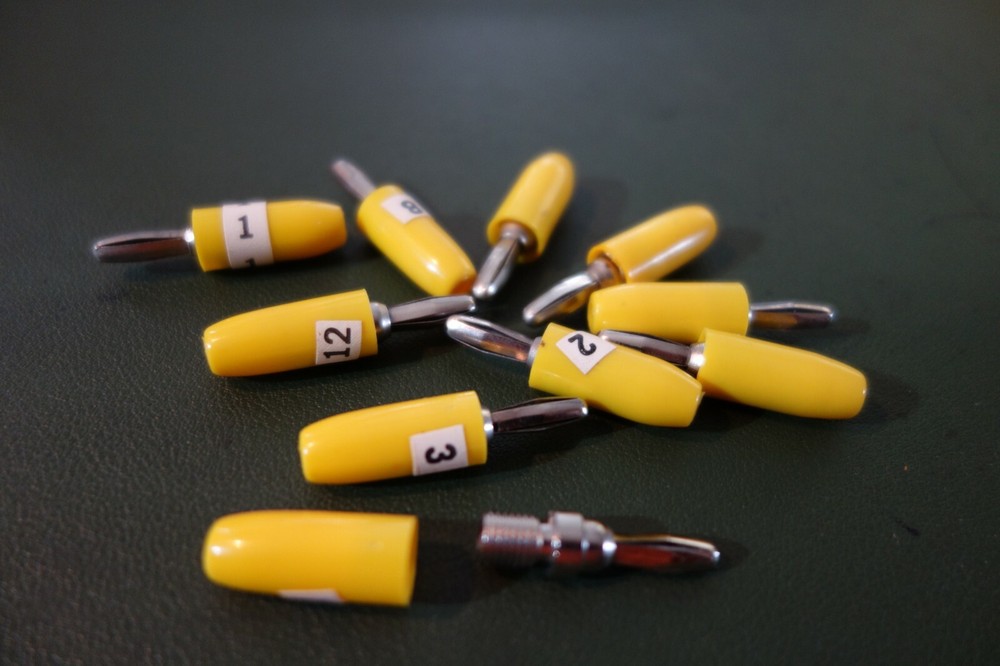 10 each Vintage HH Smith 455 Yellow Solderless Banana Male Plug,15 Amps 1 KV.