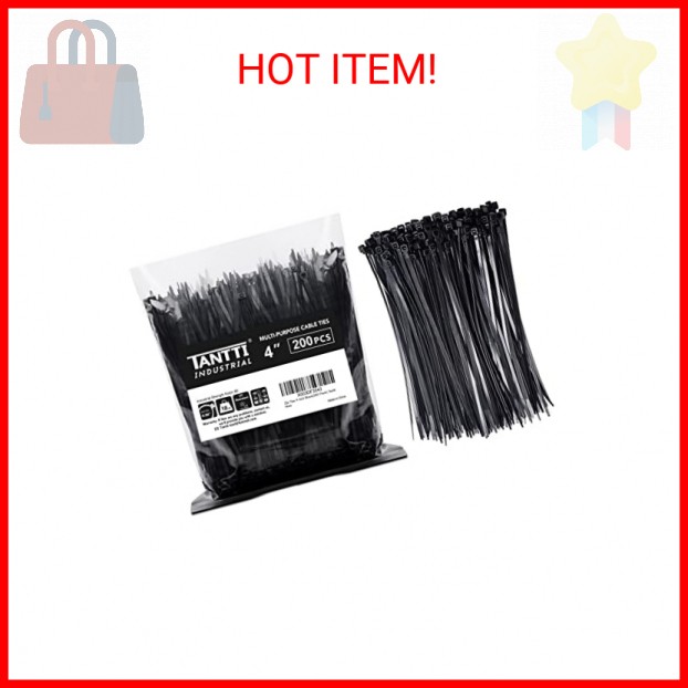 Zip Ties 4 inch, Small Zip Ties with 18 lb Tensile Strength, Black, 200 Pack, by