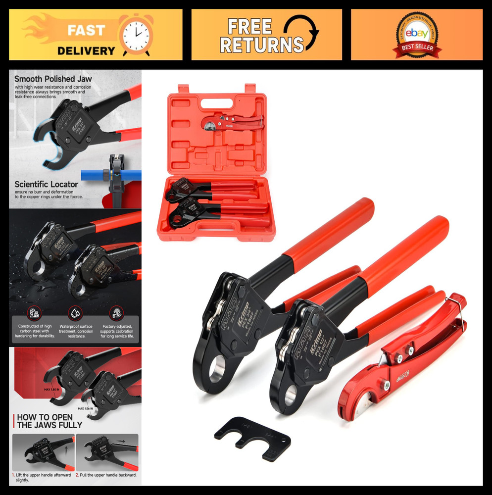 PEX Pipe Crimping Tool Set – 1/2″ & 3/4″ Angle Head Crimper with Cutter, Tight S