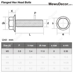 MewuDecor M5-0.8 x 12mm Flanged Hex Head Bolts Flange M5 x 12mm, Silver