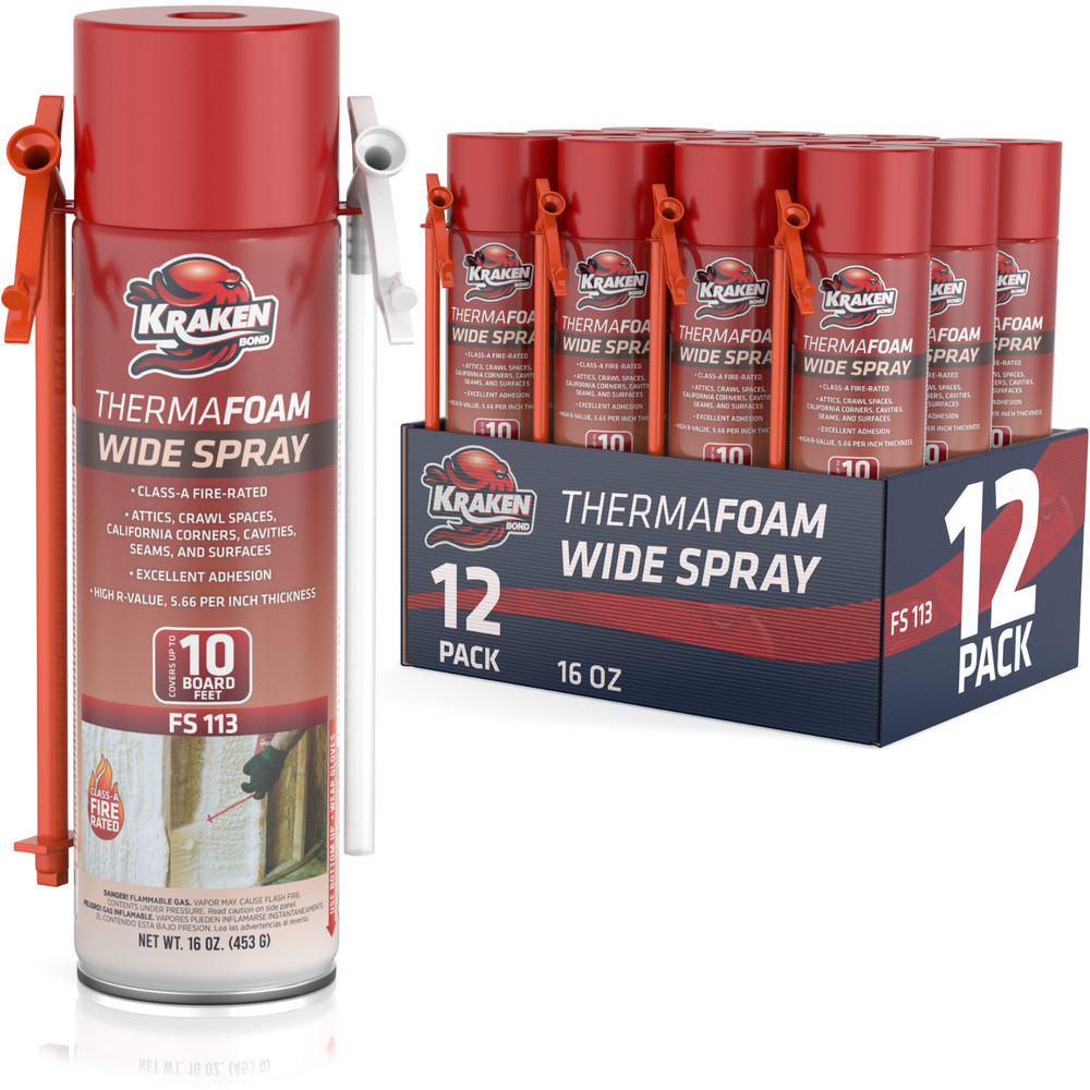Kraken Spray Foam Insulation Fire Rated Wide Spray Expanding ThermaFoam 12×16 oz
