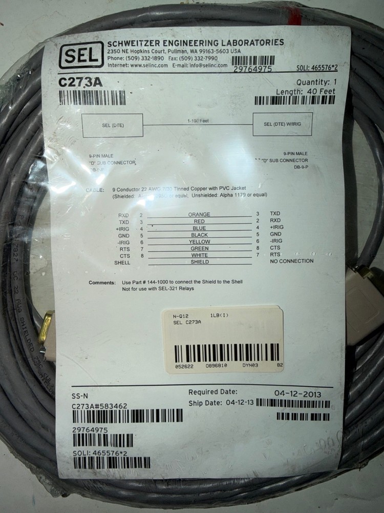 SEL Cable C273A-040 Length: 40ft 9-Pin Male D-Sub Connectors New Surplus