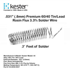 60/40 Tin/Lead Solder Wire Rosin Flux Core 3% Kester 44 – .031” (.8mm) – 3 Feet