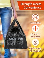 300 Count Thank You Bags, 12 x 6 x 22 in, 15 Mic Black Grocery Bags