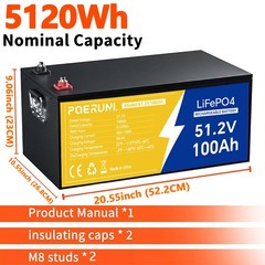 POERUNI 48V 100AH LiFePO4 Lithium Battery with 20A Charger Metal Case Golf Cart