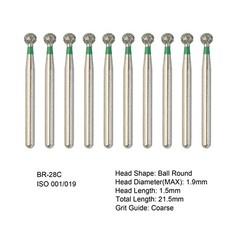Dental Diamond Round Burs FG Shank BR-28C Ball Coarse Grit Green High Speed Bur