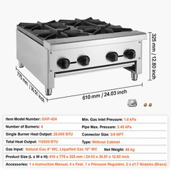 VEVOR 24″ Commercial Gas Stove 4 Burners Countertop Cooking Hot Plate Propane