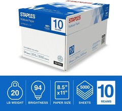 Multipurpose Copy Printer Paper 20 lb 8.5 x 11 Inches 10 Reams 94 Bright White