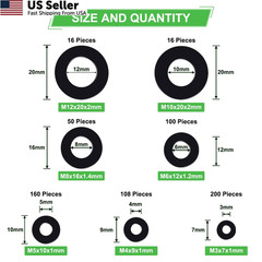 650-Pieces Nylon Flat Washer M3, M4, M5, M6, M8, M10, M12 millimeters, Black