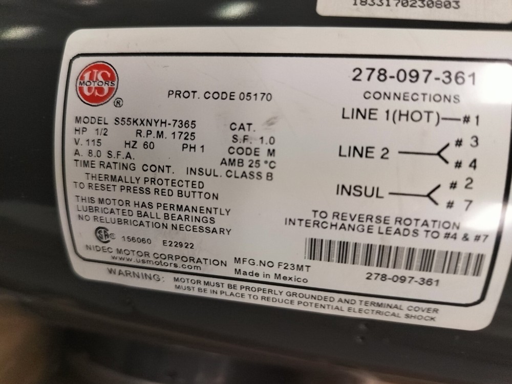Us Motors 1/2hp 1725 Rpm V115 60hz 1 Ph-s55kxnyh-7365