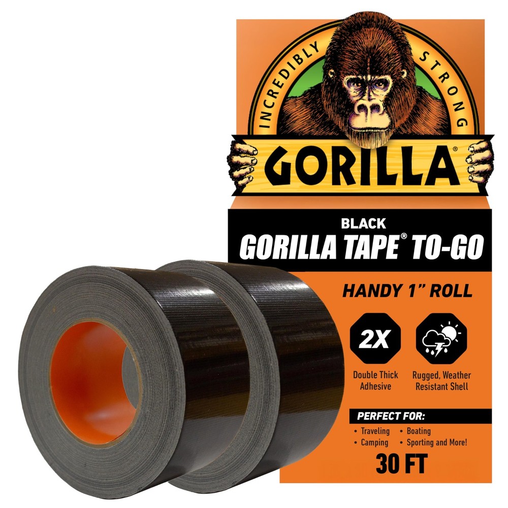 Gorilla Tape, Mini Duct Tape to-Go, 1 x 10 yd Travel Size, Black, Pack of 2
