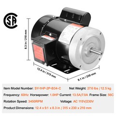 VEVOR 1HP Electric Motor 3450RPM AC115V/230V 56C Frame 1-Phase 5/8″ Keyed Shaft