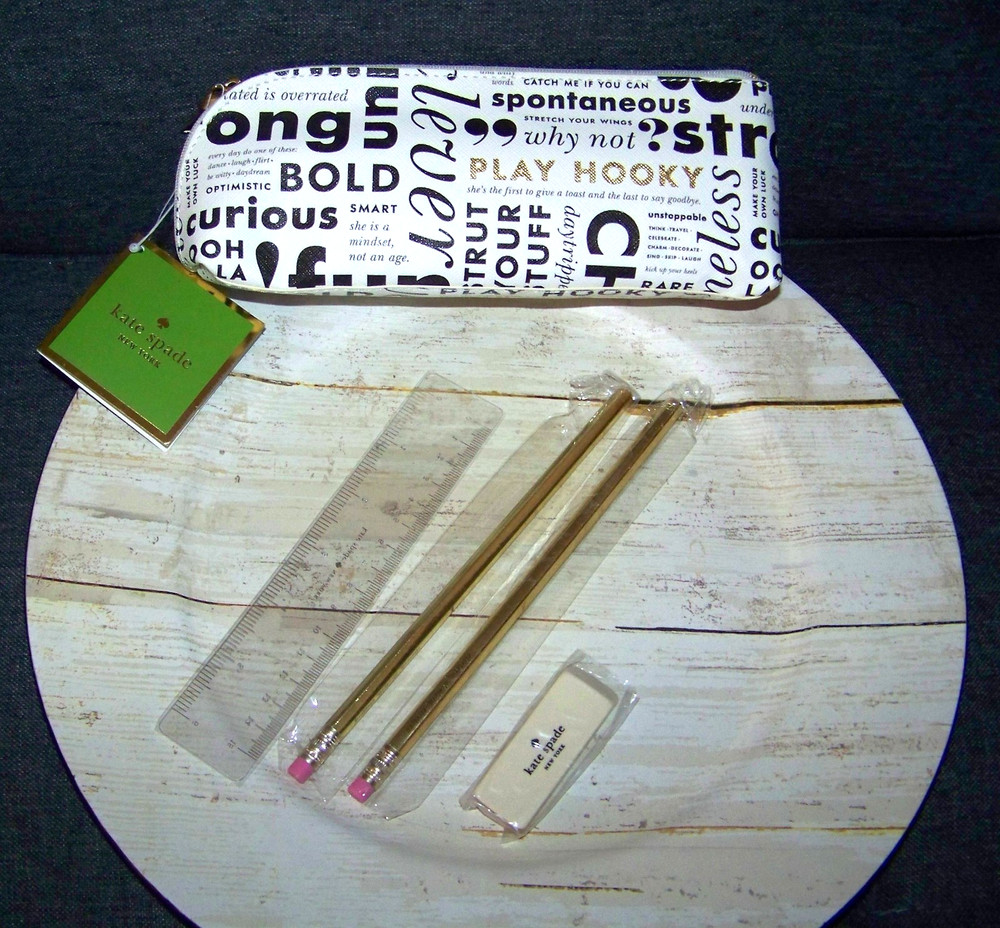 Kate Spade WORD Pencil Pouch Cosmetic Case Travel Bag Faux Leather w Accessories