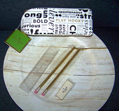 Kate Spade WORD Pencil Pouch Cosmetic Case Travel Bag Faux Leather w Accessories