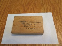 Vintage Wooden Business Card Holder Roosevelt Delicatessen Nassau Rd NY Slogan