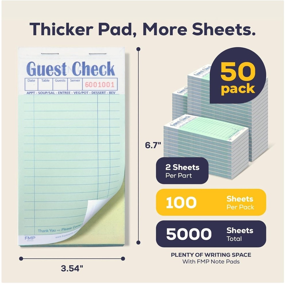 Restaurant Server Note Pads 2500 Sheets – 50 Pads Carbonless