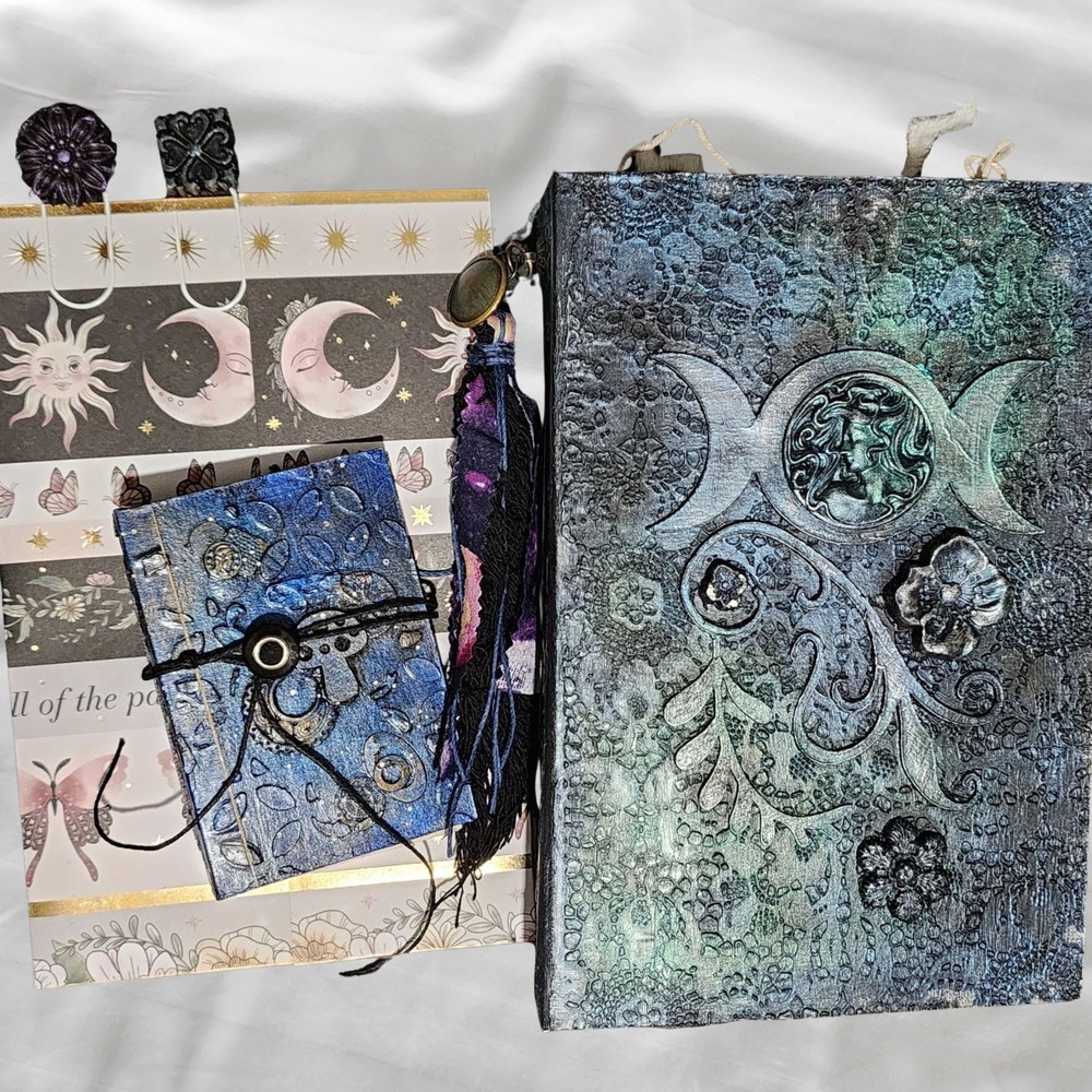 Blue Green Mushroom and Moon Goddess Handmade Junk Journals with Ephemera Folio