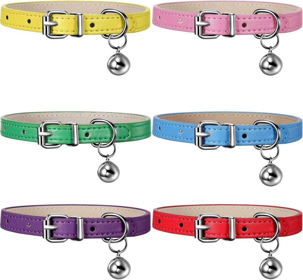 Weewooday 6 Pieces Leather Cat Collar with Bell Cute Pet Bright Color