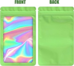 100 Pack Green Holographic Ziplock Bags Resealable Sealable Mylar Packaging Bag