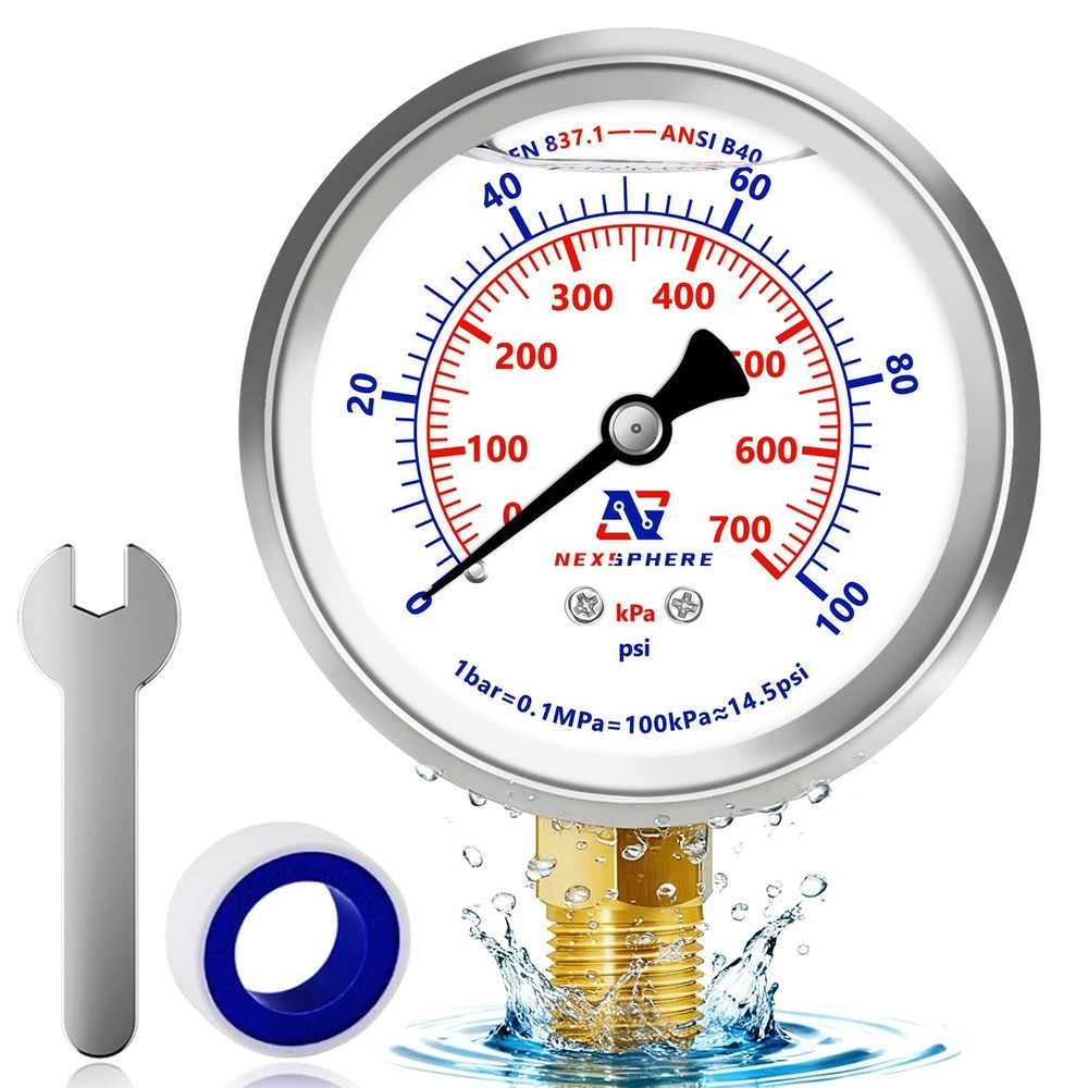 0-100 PSI Liquid Filled Pressure Gauge, 1/4″ NPT Lower Mount, 2.5″ Dial, 304 …
