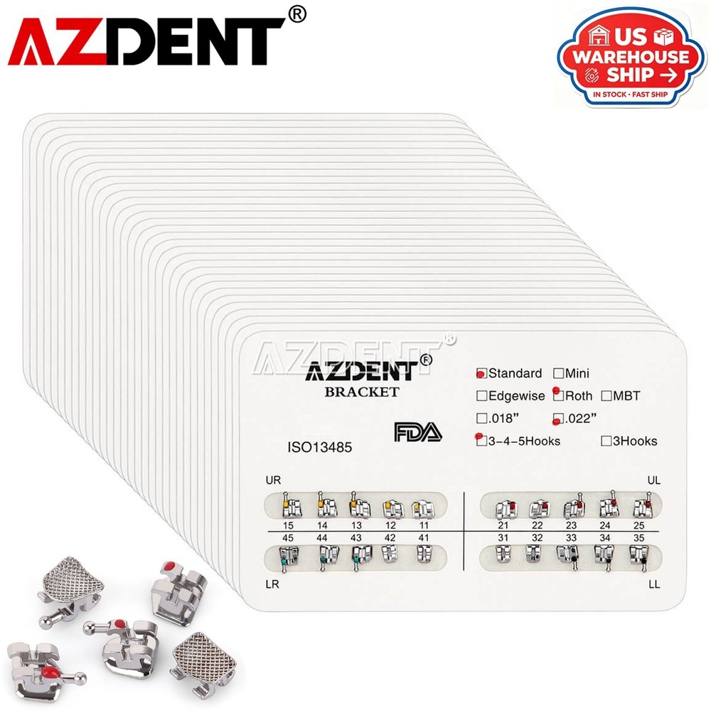 50X AZDENT Dental Orthodontic Metal Brackets Braces Standard Roth.022 Hooks 345