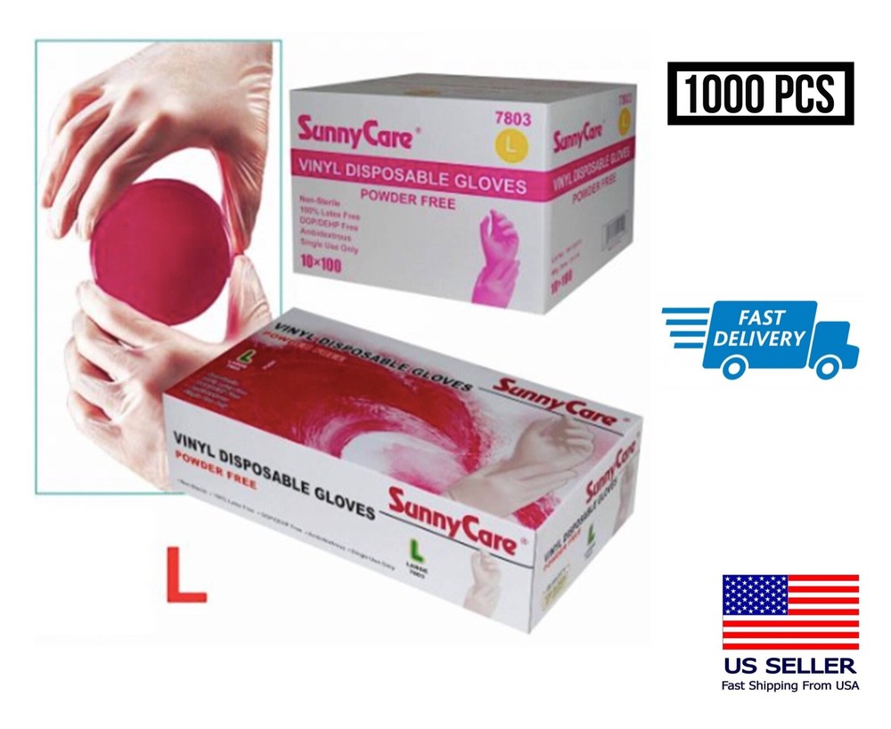 1000 10 x100 pcs Vinyl Gloves Powder Free SunnyCare Size LARGE Fast Ship