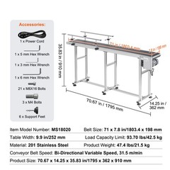 VEVOR Belt Conveyor PVC Stainless Steel Belt Conveyor 71″x7.8″ Double Guardrail