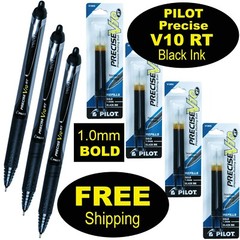 Pilot Precise V10 RT, 3 Pens, 4 Packs of Refills, Black Ink, 1.0mm BOLD Point