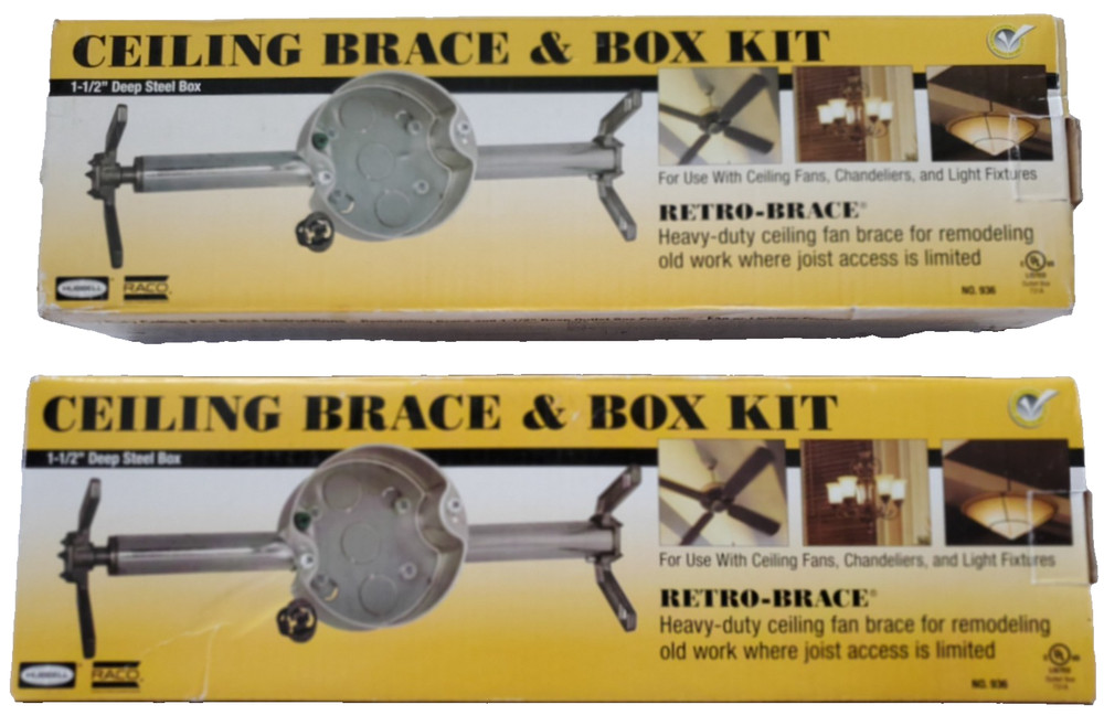 LOT SET 2 NEW IN BOXES HUBBELL RACO HEAVY DUTY CEILING FAN BRACE BOX KIT NO. 936