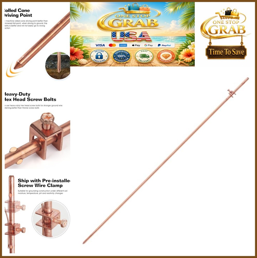 Copper Ground Rod 3/8 Inch 4 Foot Steel Core with Wire Clamp for Electric Fence