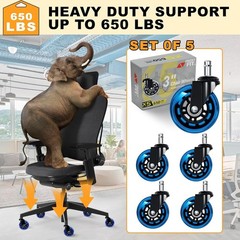 Office Chair Wheels For Casters Replacement – 3″ Rubber Wheels Set Of 5 – Blue