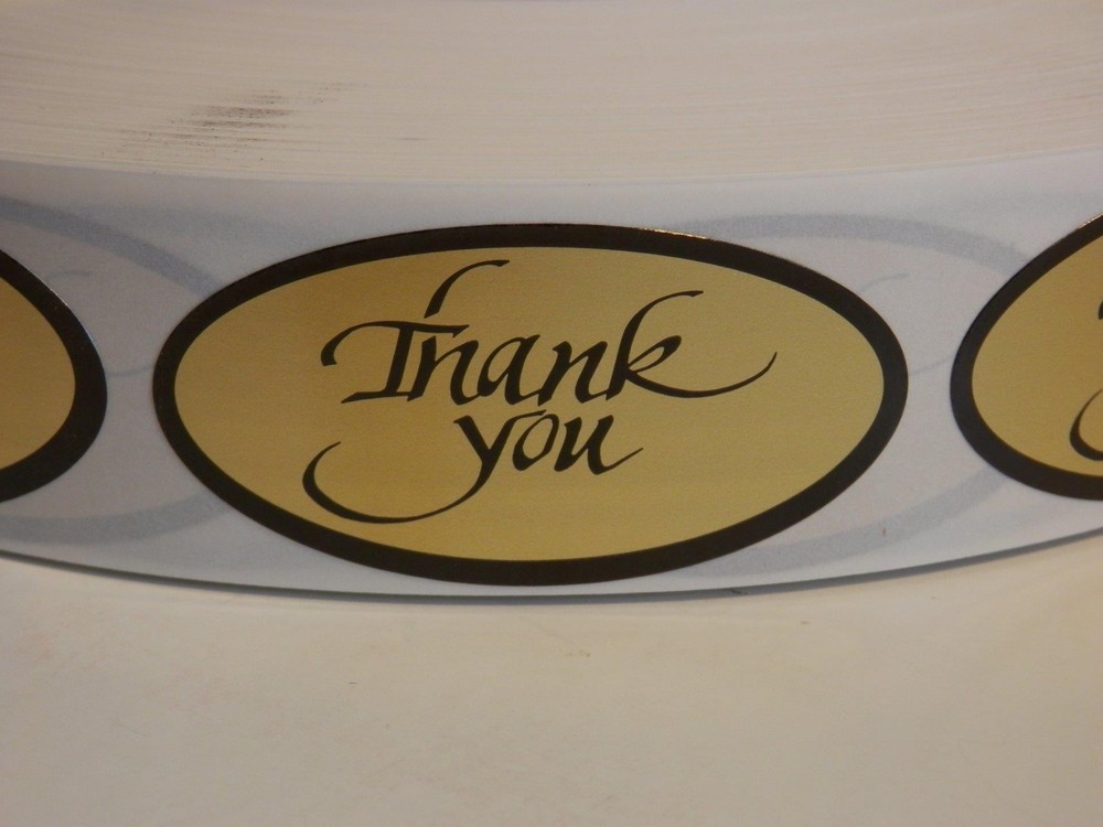 THANK YOU 1×2 oval Sticker Label matte gold foil bkgd 250/rl