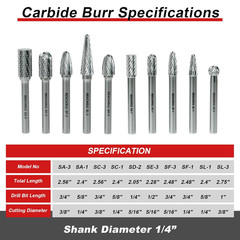 Professional 10 Pcs Tungsten Carbide Rotary Burr Bits Set, Double Cut Carbide Bu