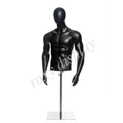 Adult Male Matte Black Plastic Mannequin Torso Egg Head with Base