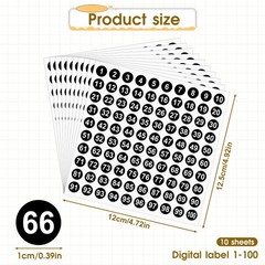 1-100 Round Number Stickers, 10 Sheets Consecutive Labels, Black