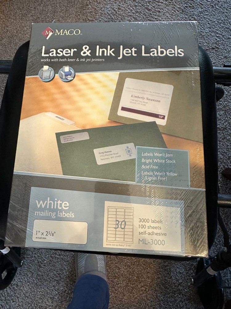 MACO Laser / Ink Jet White Address Labels, 1” x 2-5/8” 3000 Labels (100 Sheets)