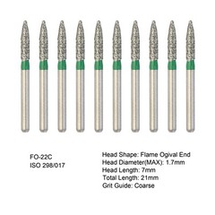 10pcs/pk Dental Diamond Burs FG Flame Ogival End 878K/018C FO-22C Coarse Grit