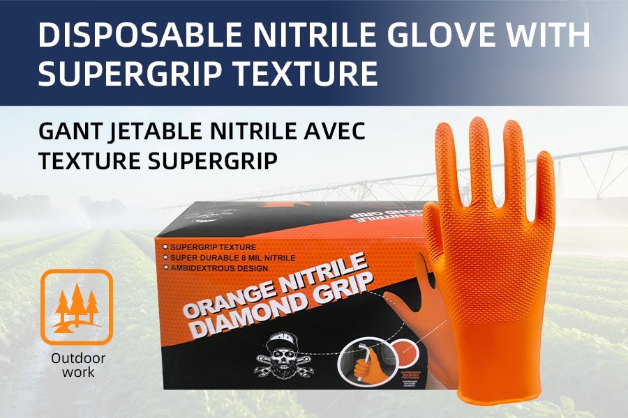 8 Mil Diamond Grip Nitrile Gloves Orange 1000pc Raised Texture Industrial