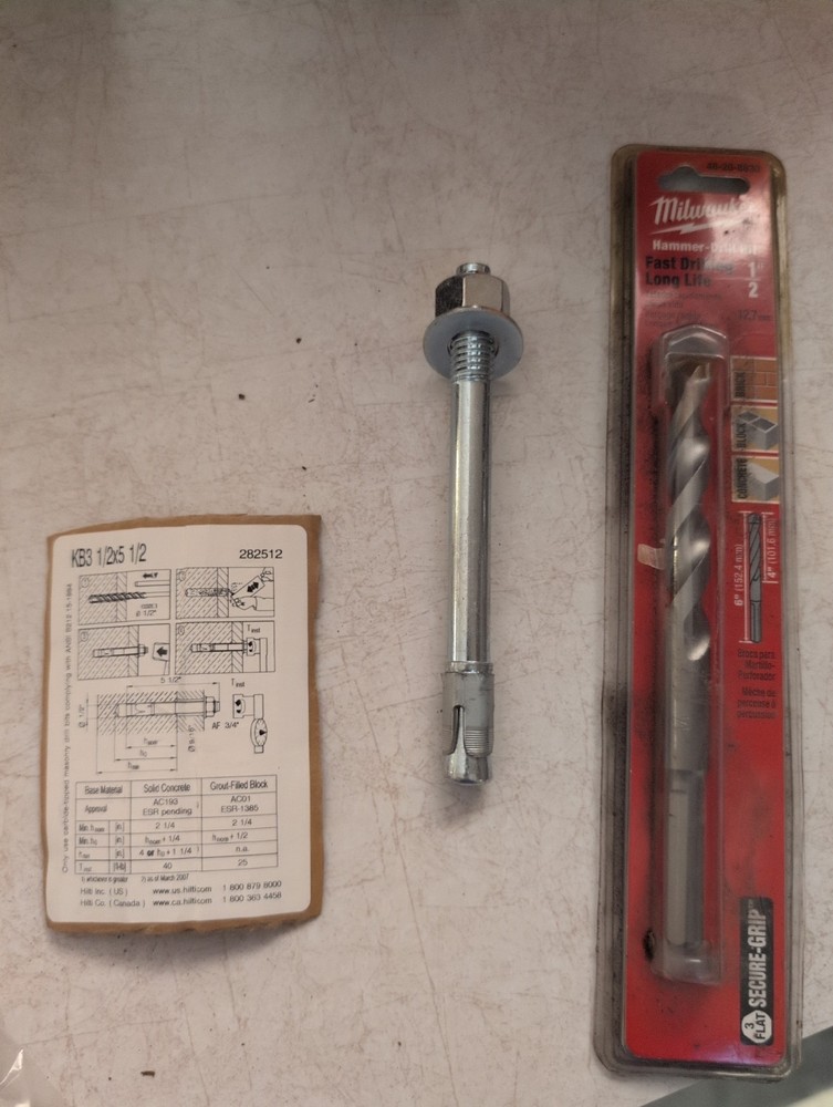 1/2 inch x 5 1/2inch Concrete Anchor Bolt (with nuts & washer) 9 Total With Bit