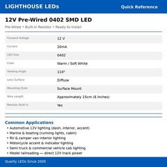 50 x 12v 0402 1005 Warm Soft White Pico SMD LED Pre-Wired Light Soldered Leads