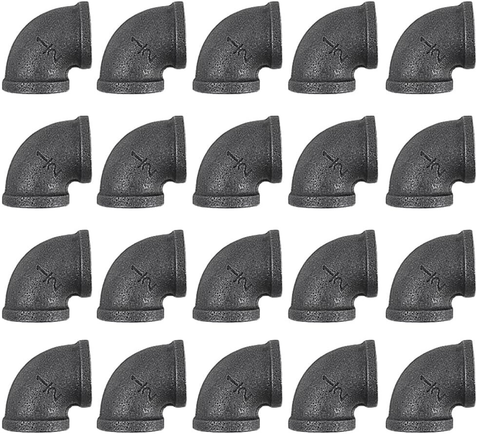 20 Pack 1/2 Inch 90 Degree Black Elbow Threaded Pipe Fittings, Cast Pipe Fitting