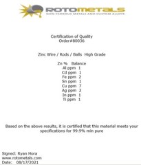 RotoMetals Zinc Wire .091 inch Diameter 10 Feet 99.9% min Made in USA