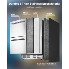 24 Inches Undercounter Refrigerator Stainless Steel Dual Drawer Fridge for Home