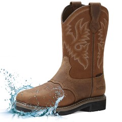 HISEA Men Steel Toe Work Boots Wide-Square Toe Genuine Leather Cowboy Botas Farm