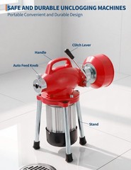 Auto-Feed Drain Auger Sewer Snake,Drain Cleaner Machine for 3/4″-4″ Pipes,Cables