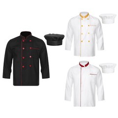 Men&Women Long Sleeve Double-Breasted Uniform with Hat Kitchen Chef Jacket